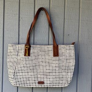 Fossil White Tote with Black Polka Dots and Brown Leather Trim
